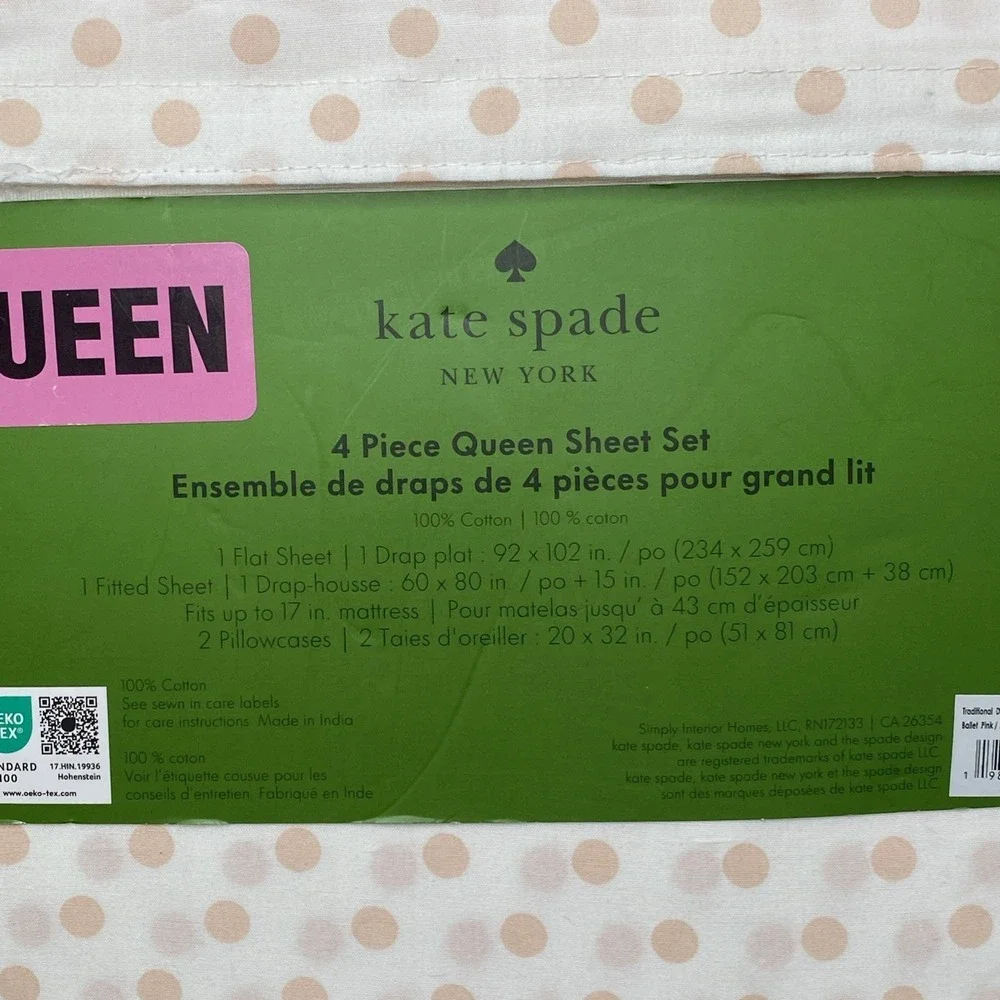 NEW 4pc Kate Spade Queen Sheet Set BALLET PINK TRADITIONAL DOTS 100% Cotton